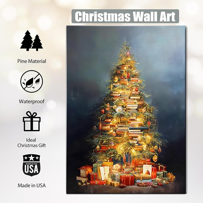 Vintage Books Christmas Tree Canvas Wall Art - Rustic Literary Still Life Framed Print for Cozy Winter Decor, Light Academia Christmas Wall Art, Unique Christmas Gifts & Festive Decorations