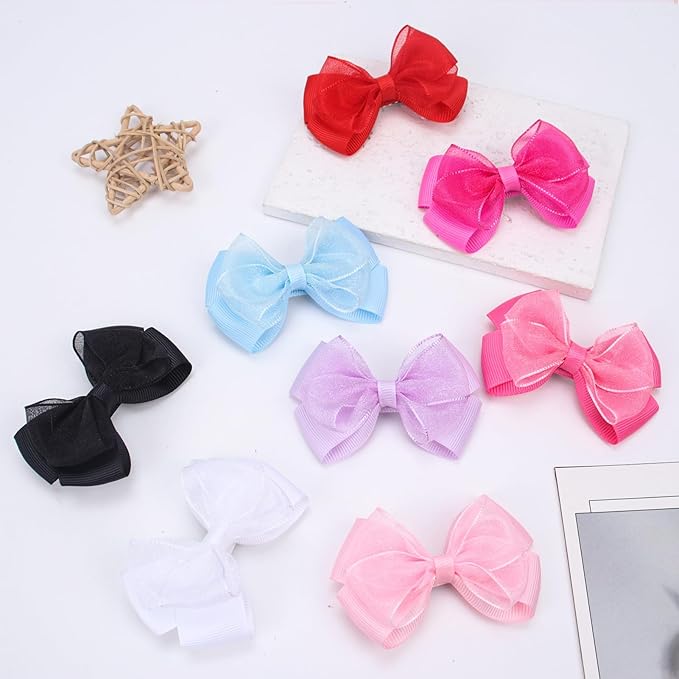Tiny 3 Inch Organza Double Hair Bow Clips - Lined Boutique Alligator Hairpin for Baby Girls, Toddlers, and Little Teens - Kids Barrettes Set of 2 Small Stylish (Black)