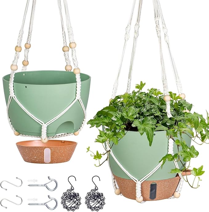 10 Inch Hanging Planters for Indoor Plants, 2 Pack Self Watering Hanging Baskets Flower Pots with Drainage Hole, Visual Reservoir & 2 Kinds of Plant Hanger for Outdoor Garden Home Decor