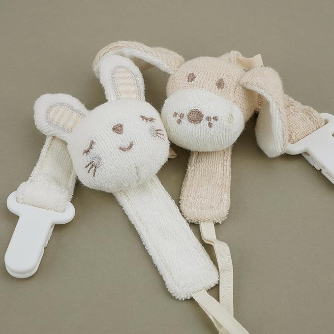 Pacifier Clip, 2 Pack Baby Pacifier Holder for Boys and Girls Fits Many Pacifiers & Baby Teething Toys, Ideal Baby Gift (Puppy & Bunny)