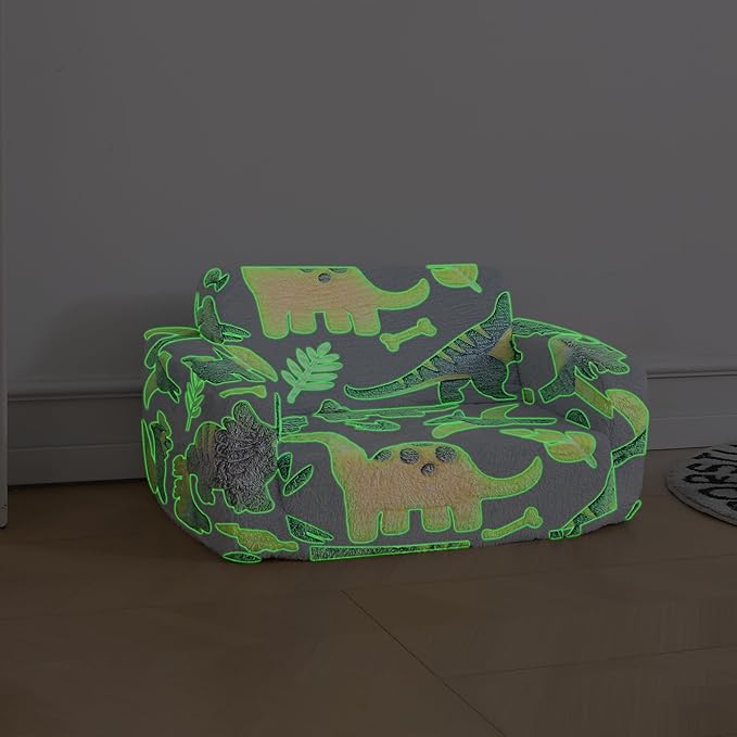 Foldable Kids Sofa Extra Wide for 2 Seats,Soft Kids Fold Out Couch Glow in The Dark,Convertible Sofa to Lounger Toddler Sofa Chair(Dinosaur)