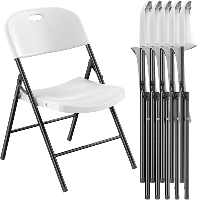 Nazhura 350 Weight Limit Heavy Duty Plastic Folding Chair with Reinfoced Steel Frame for Indoor and Outdoor, Wedding, Party, Restaurant, Meeting Room, Patio and Garden (White, 6 Pack)