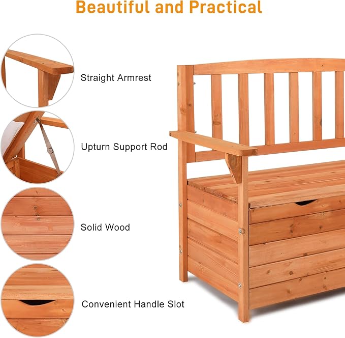Outvita Outdoor Wood Storage Bench, Wooden Large Deck Box with Seating & Armrest, Waterproof Patio Organizer Loveseat for Garden Porch Deck Backyard Poolside, Natural