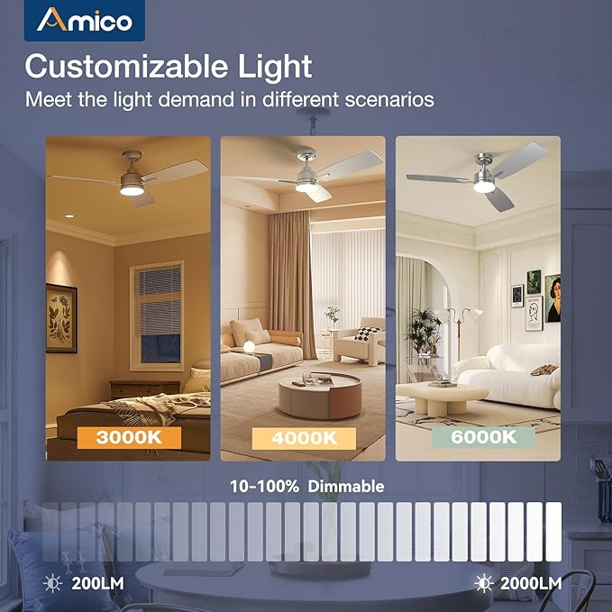Amico Ceiling Fans with Lights, 52 Inch Ceiling Fan with Light and Remote Control, Nickel Fan, Reversible, 3CCT, Dimmable, Noiseless, Ceiling Fan for Bedroom, Indoor/Outdoor Use