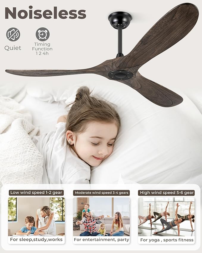 60" Ceiling Fans Without Light, Solid Wood Ceiling Fan No Light with Remote Control and DC Motor, Outdoor Ceiling Fan with 3 Blades, Outdoor fan for Patios - Deep Brown