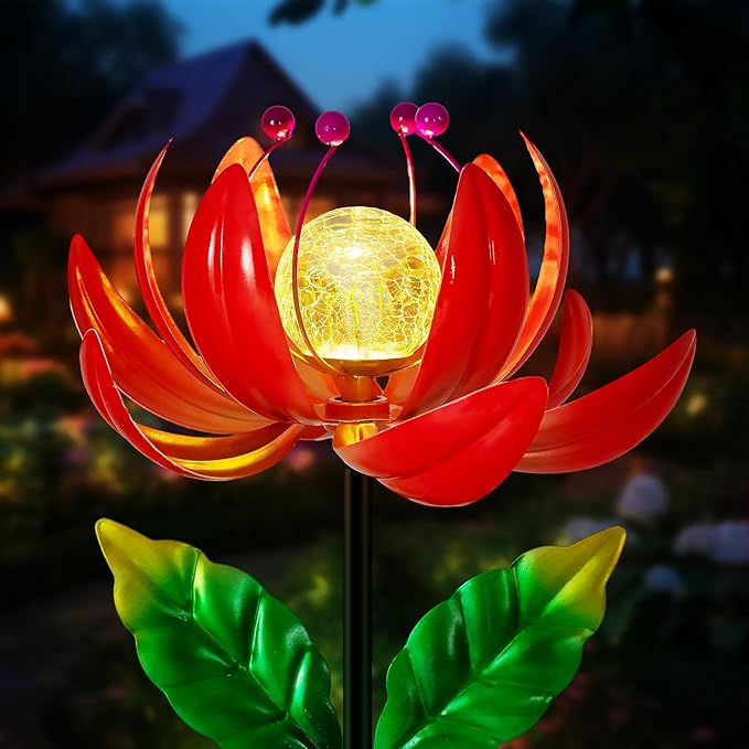 Solar Lights Outdoor Garden Decor, Solar Wind Spinner Yard Decorations for Outside, Lotus Windmill Pathway Lights with LED Cracked Crystal Ball Waterproof Flower Sculpture for Patio Lawn Garden Gifts