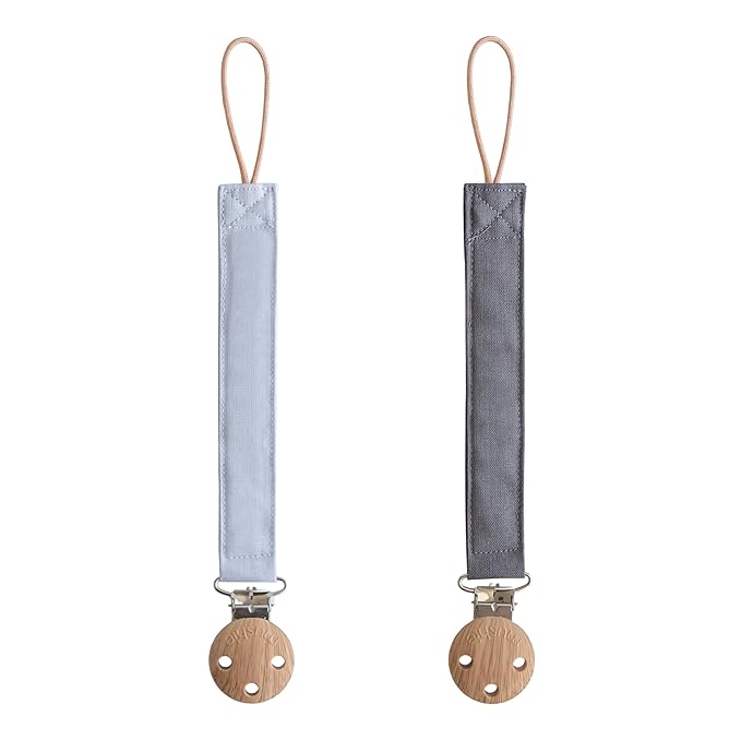 mushie Linen Baby Pacifier Clip Holder | Soft Fabric Strap, 2-Pack (Powder Blue/Deep Sea)