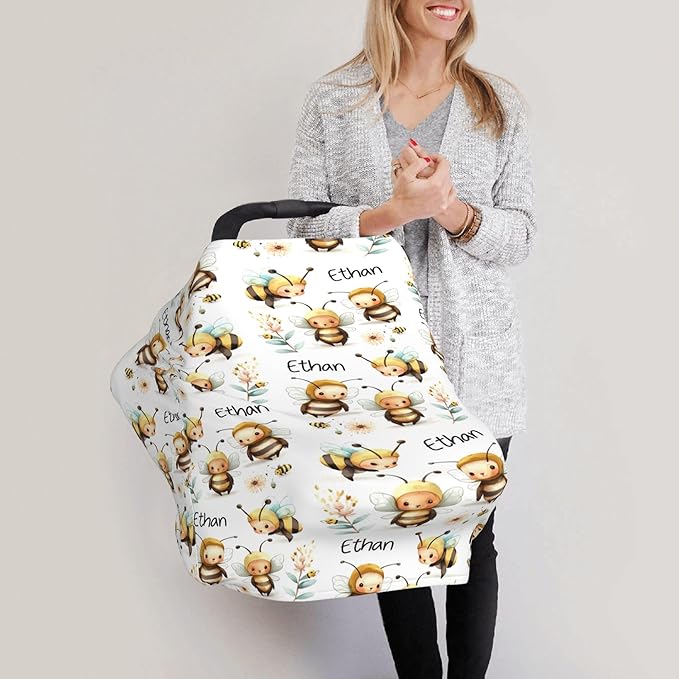 Personalized Bee Baby Car Seat Cover with Name,Multi-Use Canopy for Nursing, Strollers,Shopping Carts,Customized Breastfeeding Cover, Full Privacy,Infant Stroller Cover