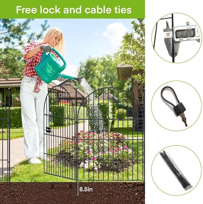 ADAVIN Garden Fence Animal Barrier with Gate 32 in(H)×35 Ft(L) 16 Panels,Rustproof Metal Wire Tall Fencing Border for Dogs Rabbits,Outdoor no dig pet Fences,Black Flower Edging for Yard,Arched
