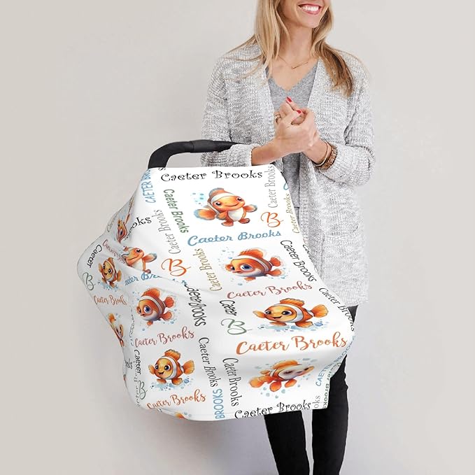 Personalized Baby Car Seat Cover with Name Stroller Canopy Custom Clownfish Carseat Cover Newborn Baby Boy Girl Nursing Cover for Moms First Birthday Gift