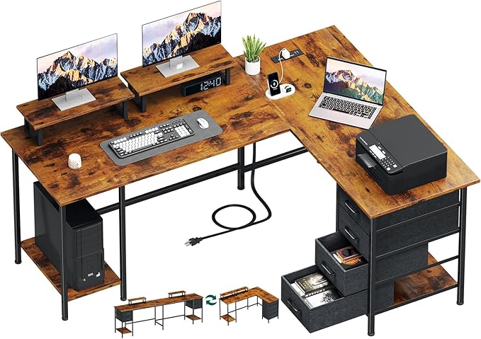 59 inch L Shaped Computer Desk with Power Outlets, Home Office Desk with 4 Adjustable Storage Drawers & 2 Monitor Stands, Two Person Gaming Table for Bedroom, Rustic Brown