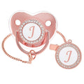 Bling Personalized Pink Baby Pacifier with Pacifier Clips and Anti-dust Cover A-Z 26 Letters(Pink,J)
