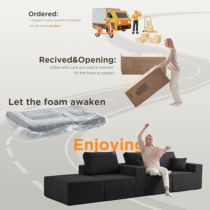 INGEROOM 108" Cloud Sectional Couch, Modular Sectional Sofa with L-Shaped Chaise, Modern Plush Corduroy Couch for Living Room Bedroom（Black）