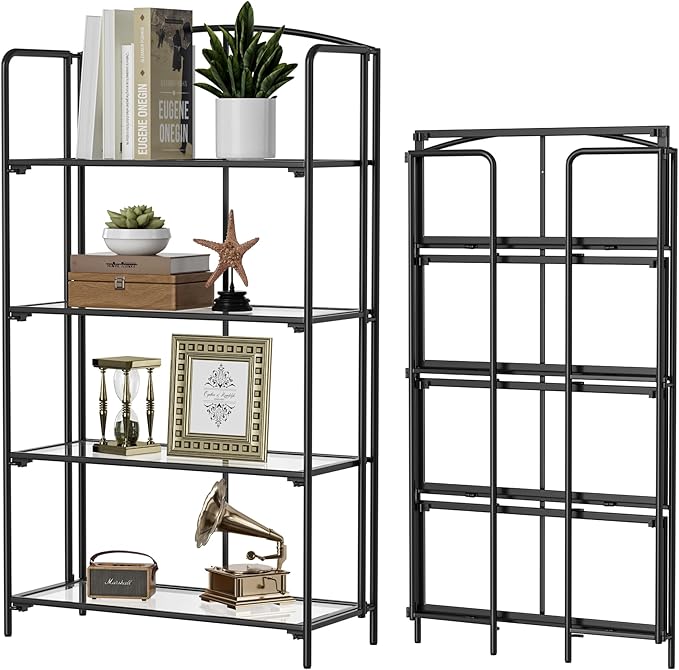 Crofy No Assembly Folding Bookshelf for Living Room, 4 Tier Black Collapsible Book Shelf for Home Office, Portable Bookcase Storage Organizer
