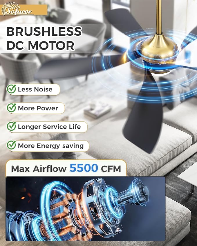 Sofucor 52" Smart Ceiling Fan, Indoor/Outdoor Ceiling Fans with Lights and Remote, Compatible with Alexa/Google/App, 3-Color Light 6-Speed Timing Reversible DC Motor for Bedroom Living Room Patio