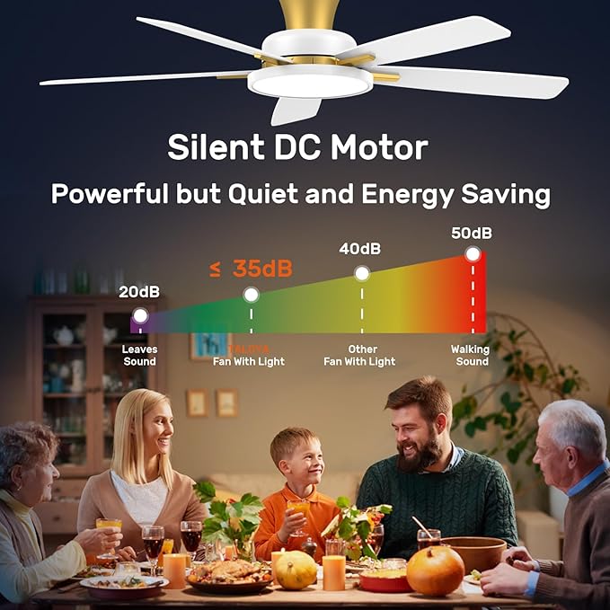 TALOYA 52 inch Ceiling Fans with Lights and Remote,Ultra Silent low profile Ceiling Fan with Three Color Temperature and Dimmable Light with Reversible Blades White Gold