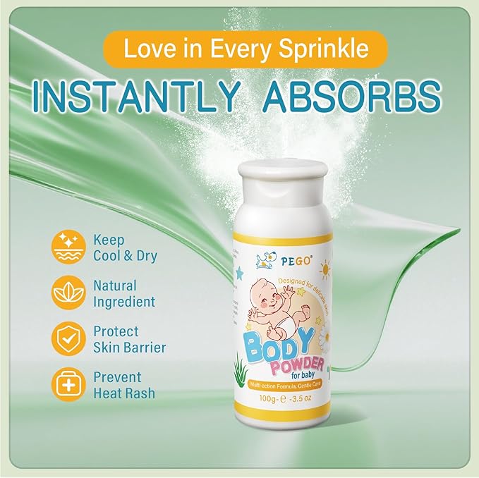 PEGO Cornstarch Baby Powder,Talc-Free,with Zinc Oxide,Aloe and Chamomilla,Prevent Heat Rash,Diaper Rash,Protect Newborns, Toddlers from Chafing,‌Gentle and Non-Irritating,100g/3.5Oz (2 Pack)