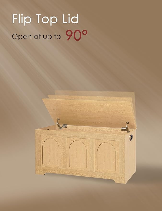 DINZI LVJ Storage Chest, 39.4”Wooden Storage Box with 2 Safety Hinges, Entryway Shoe Bench with Flip-Top, Trunk for Living Room, Bedroom, Easy Assembly, Natural