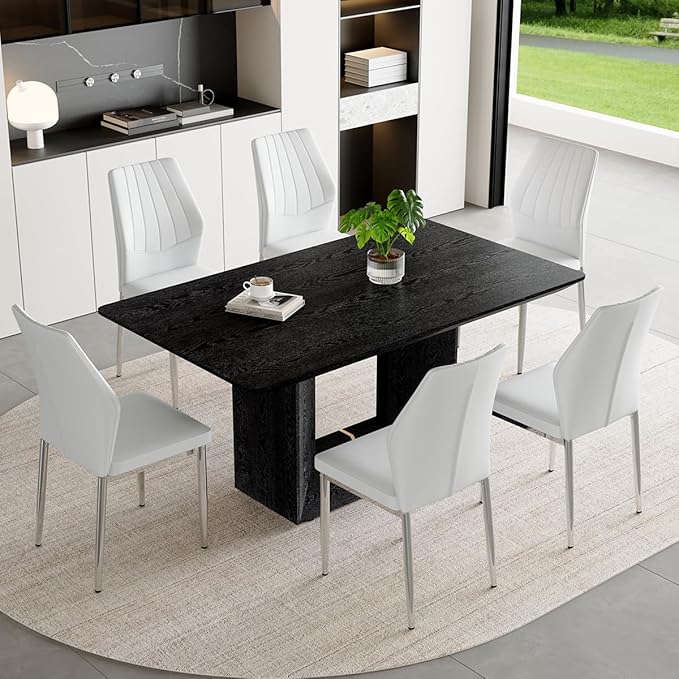 63" Modern Black Dining Table Set for 6 with Chairs, 7 Piece Rectangular Dining Room Table and 6 PU Leather Chairs, Kitchen Dining Set with Matte Wood Finish, Geometric Base, Easy Assembly