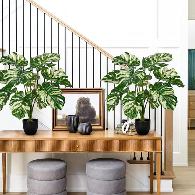 Hollyone Artificial Monstera Plant 2FT Faux Monstera Deliciosa Plant in Black Pot Fake Swiss Cheese Tropical Plant Potted for Indoor Outdoor Floor Home Office Living Room Decor, 2 Pack