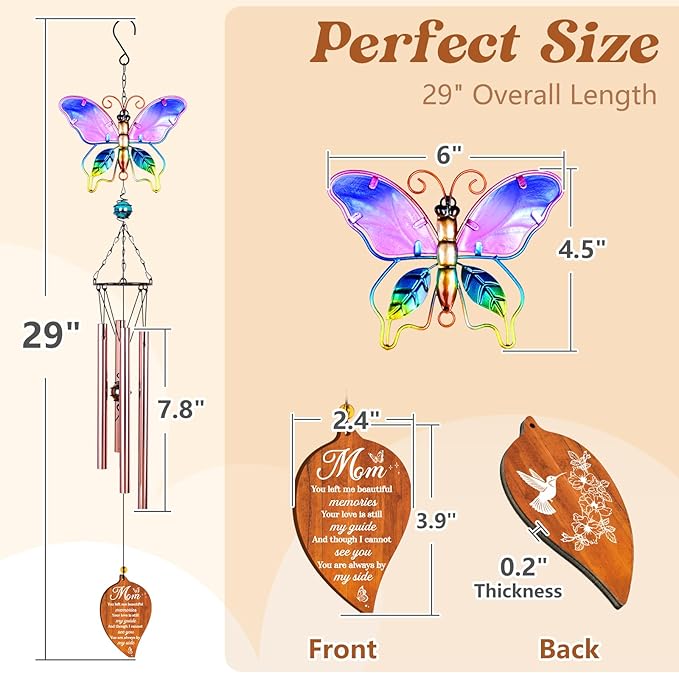Butterfly Sympathy Wind Chimes for Loss of Mom,Memorial Gifts for Loss of Mom,Loss of Mother Sympathy Gifts,Bereavement Gift Ideas,Windchimes Outdoors
