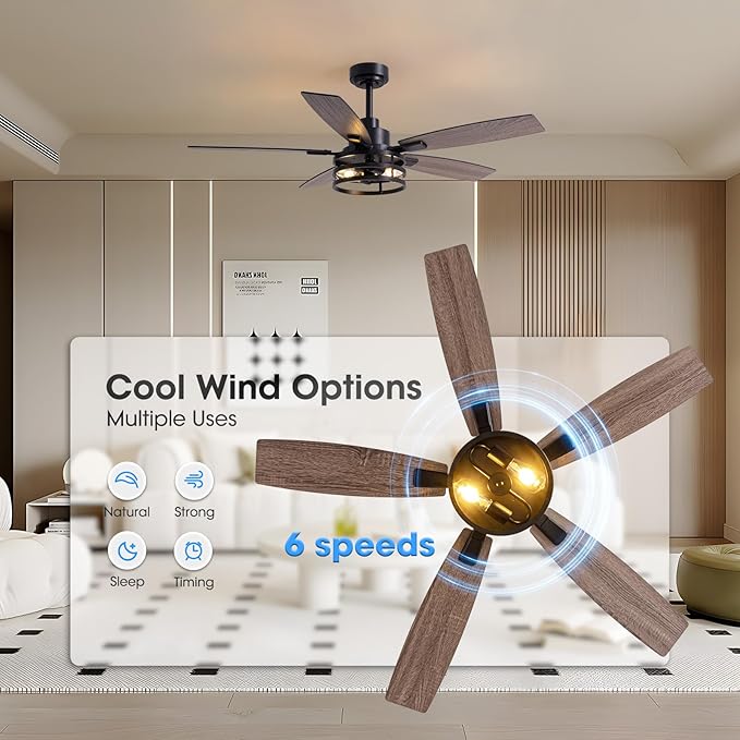 Ceiling Fans with Lights and Remote Control, Ceiling Fan for Bedroom Living Room (52 Inch Black-2)