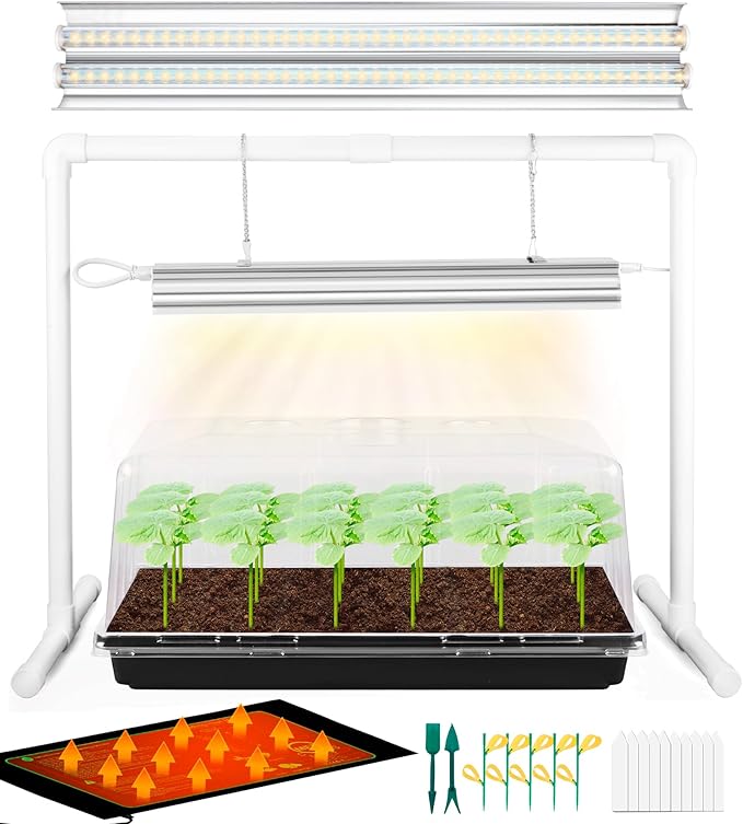 Seed Starter Tray with Grow Light and Heat Mat, 8'' Humidity Dome, 1020 Plant Starter Trays Seed Starter Kit, Grow Light Stand for Seed Starting & Seedling Growing, Height Adjustable