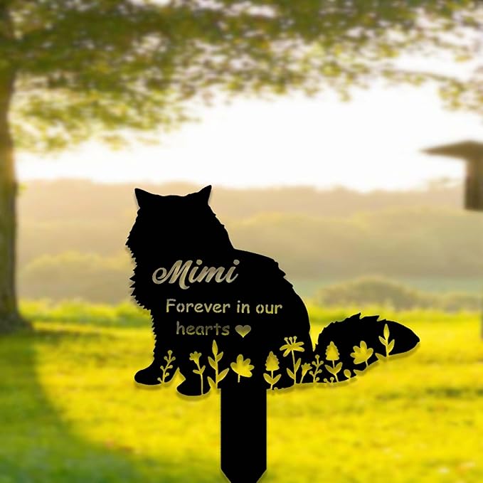 Custom Fluffy Metal Cat Memorial Stake - Long Hair Grave Marker & Personalized Cat Name Remembrance Yard Stake
