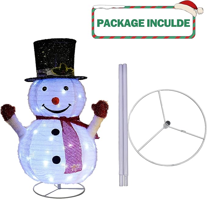 Dazzle Bright Christmas Snowman Decorations, 3FT Pre-Lit 48 LED Lighted Collapsible Snowman with Black Hat, Pop Up Snowman with Metal Stand for Indoor Outdoor Xmas Garden Yard Home Party Decor