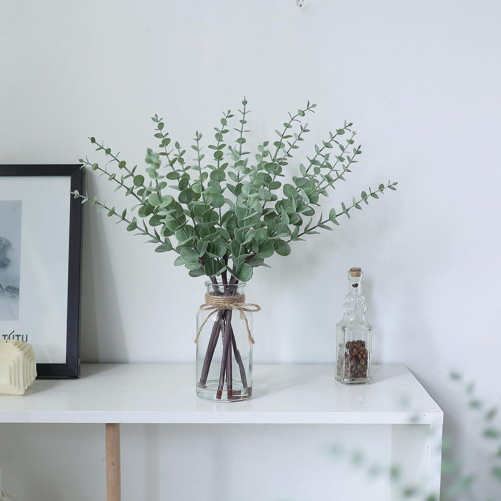 VIERENA 17.5" Artificial Eucalyptus Stems in Glass Vase with Faux Water,Fake Plant Eucalyptus Leaves White Seeds for Centerpiece Table Decorations Farmhouse Wedding Home Greenery Decor (Sage Green)