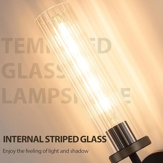 19.5" Knurled Brass Wall Sconces Set of 2, Black Gold Bathroom Vanity Light Fixtures with Vertical Striped Glass Tube, Modern Lamp Lighting for Bedroom, Living Room, Hallway, Staircase, Mirror