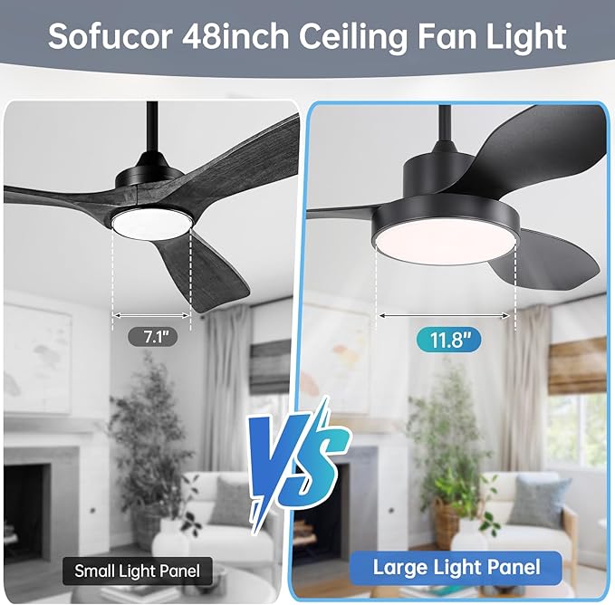Sofucor 48 Inch Ceiling Fan with Lights Flush Mount Modern Outdoor Ceiling Fans with Remote,3 CCT Dimmable Quiet DC Motor & Timer for Patio/Bedroom/Farmhouse/Indoor (Black, 48 Inch/Smart Control)