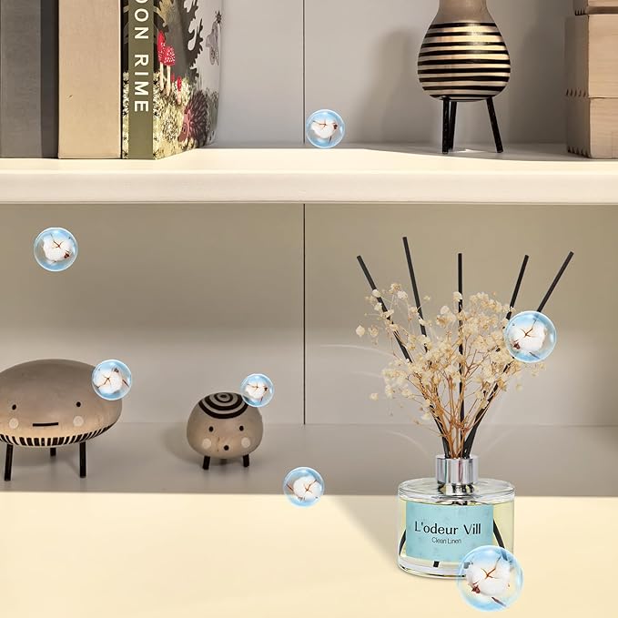 L'odeur Vill Reed Diffuser Set, 6.7 oz(200ml) Clean Linen Scented Diffuser with 6 Oil Diffuser Sticks, Home Fragrance Essential Oil Reed Diffuser for Home Large Rooms Bathroom Shelf Decor