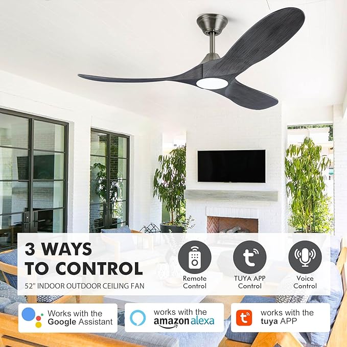 52 inch Ceiling Fans with Lights Solid Wood Outdoor Smart Ceiling Fan for Patio with Alexa/Tuya App, 3 Gray Propeller Blades, High CFM Ceiling Fan for Living Room Bedroom Gazebo, ETL Listed