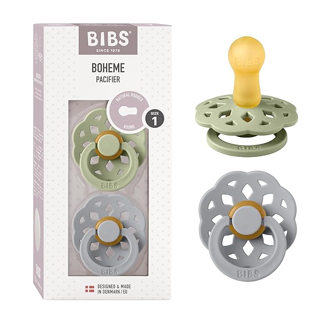 BIBS Pacifiers - Boheme Collection | BPA-Free Baby Pacifier | Made in Denmark | Set of 2 Sage/Cloud Color Premium Soothers | Size 0-6 Months