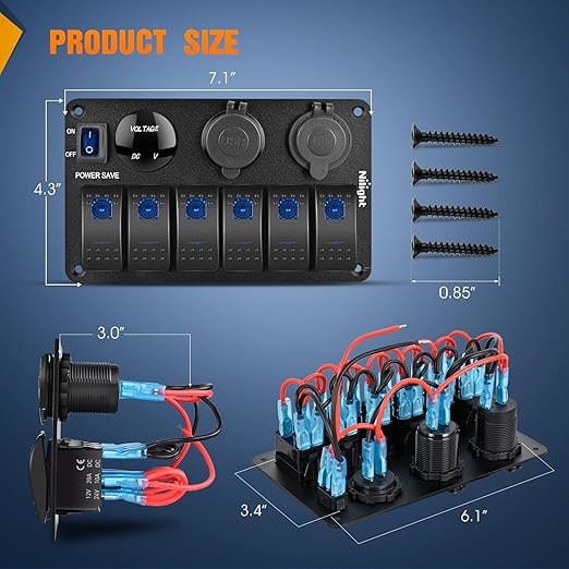 Nilight 6 Gang Rocker Switch Panel Waterproof Pre-Wired Aluminum Power Control Marine Panels with PD Type C and USB Cigarette Lighter Socket Voltmeter 12V 24V ON Off Switches for Car Trucks Boats RVs