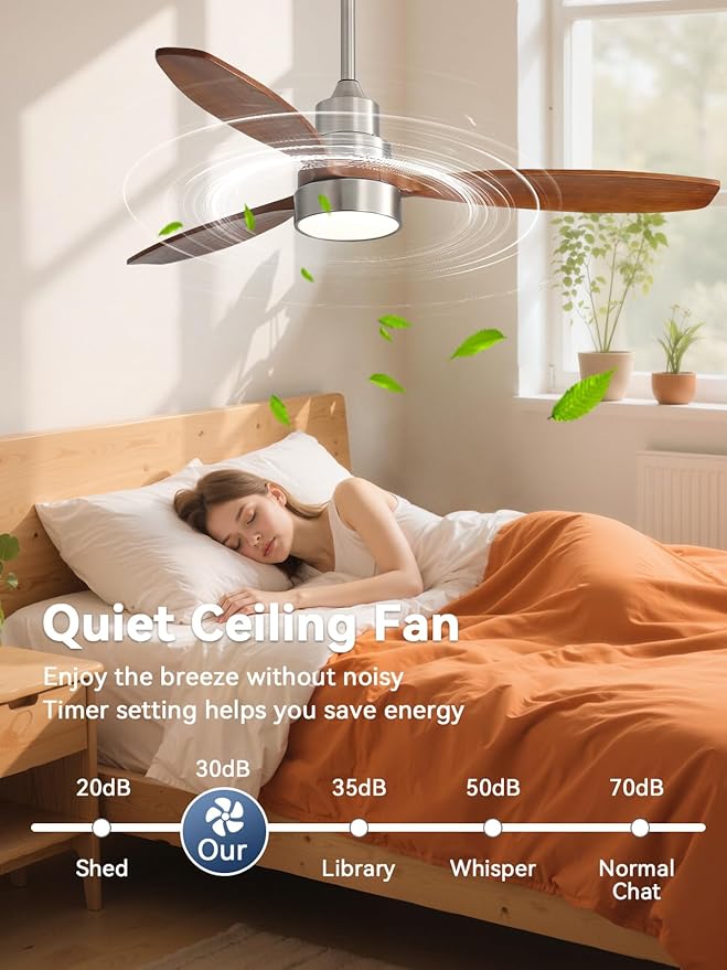Sofucor 52 inch Solid Wood Ceiling Fan with Light, Quiet 6-Speed 3 Blades Reversible LED Ceiling Fan, Modern Rustic Fan with Dimmable Light for Living Room Bedroom Home Office Cafe Patio Porch