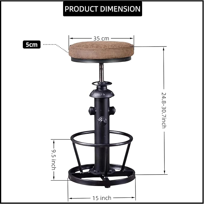 Industrial Bar Stools-Swivel Pu Seat-Vintage Kitchen Island Stool-Counter Bar Height Adjustable 25-31inch-Footrest