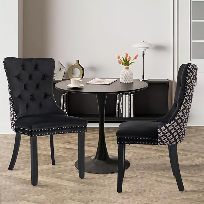 SoarFlash Kitchen Table and Chairs for 2, 31.5" Dining Table Set for 2 with Velvet Upholstered Chairs, 3 Piece Round Kitchen Table Set, Dining Room Table Set for Small Space, Apartment, Black/Black