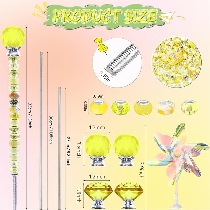 101 PCS Beaded Garden Stakes Kit, DIY Fairy Wand Garden Stake Beads Kits with Yellow Large Hole Beads 4 Crystal Stopper Top Threaded Rods and 2 Colored Small Windmills for Outdoor Indoor Decor