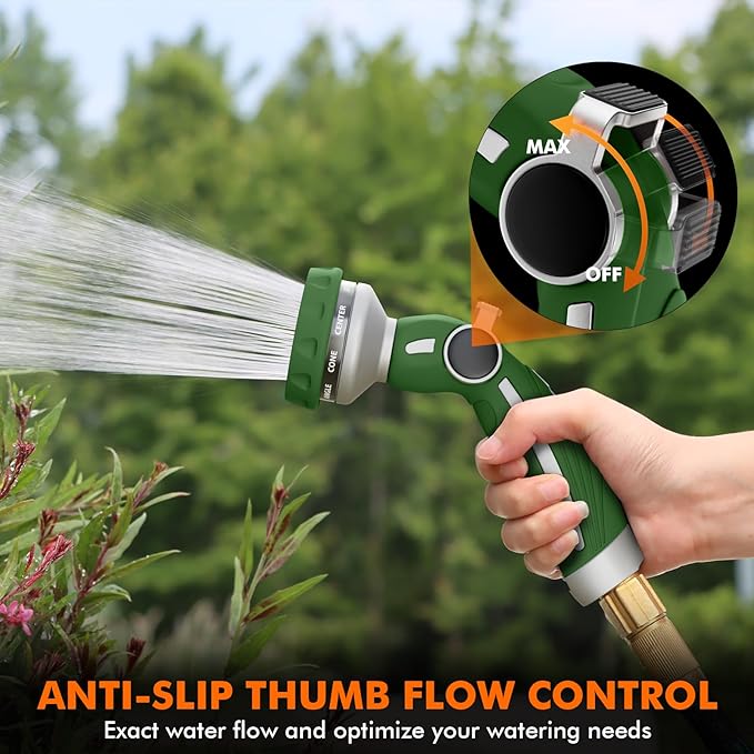 RESTMO Hose Nozzle Heavy Duty, Metal Water Hose Sprayer for Garden, 9 Spray Patterns | High Pressure | Thumb Flow Control | On/Off Valve, Ideal for Lawn & Plant Watering, Car & Pet Washing, Green