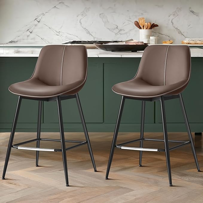 VASAGLE Bar Stools Set of 2, Counter Height Bar Stools with Back, Ergonomic Backrest, Synthetic Leather, Metal Legs, 24.4-Inch Tall Barstools for Kitchen Island Home Bar, Easy Assembly, Chestnut Brown