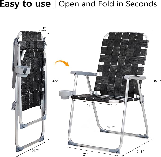 VINGLI Aluminum Patio Lawn Chairs Folding Set of 2 with Detachable Cup Holder, Webbed Beach Chair Folding Chair Outdoor Portable Camping Chair for Yard, Garden