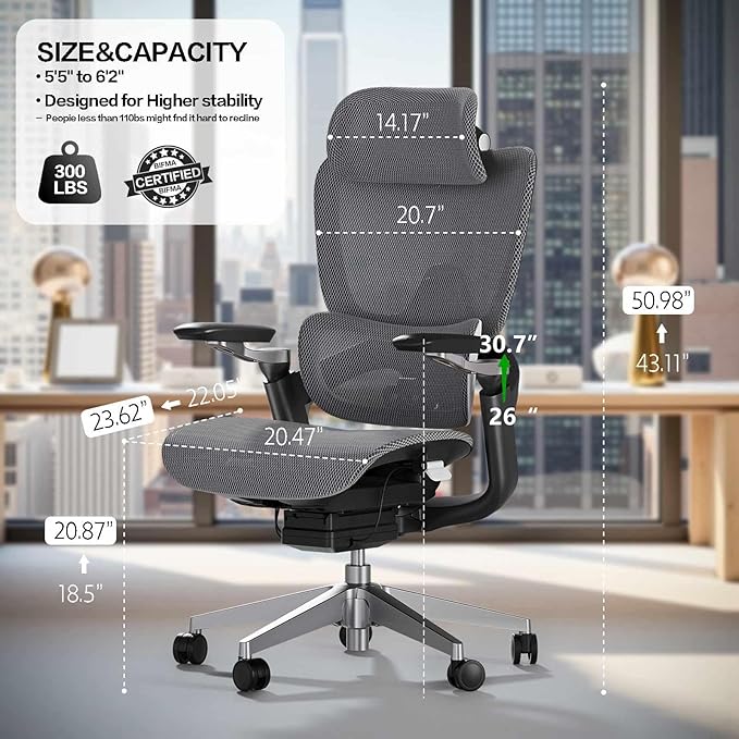 Ergonomic Office Chair, Big and Tall Mesh Home Office Desk Chair with Adjustable Lumbar Support, Gaming Chair with Headrest, 5D Armrest,90-130°Tilt, BIFMA Certified, Model Zen (Grey)