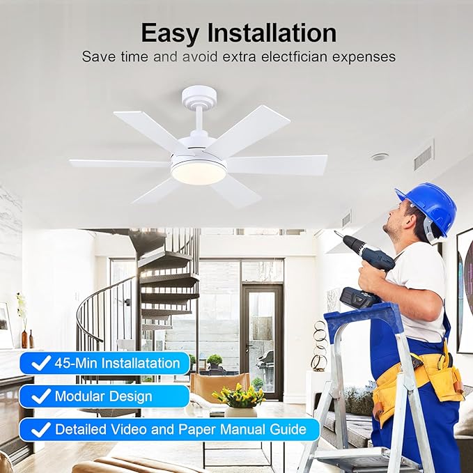 42 inch Ceiling Fans with Lights, Ceiling Fan with Remote APP, Dual-Sided Modern/Rustic 6 Blades, Reversible, 3CCT, Sloped Flush Mount Low Profile Ceiling Fan with Lights Bedroom Kitchen Indoor White