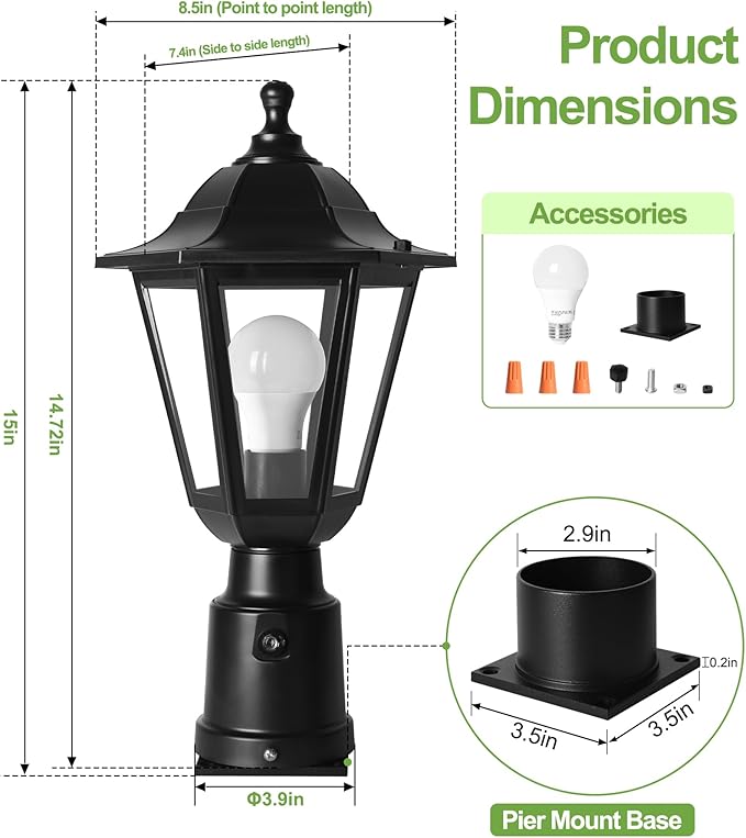 FUDESY Dusk to Dawn Sensor Outdoor Post Light, Waterproof Pole Lantern with Pier Mount Base, Exterior Plastic Lamp Light Fixture, for Garden, Patio, Pathway, Black, Bulb Included