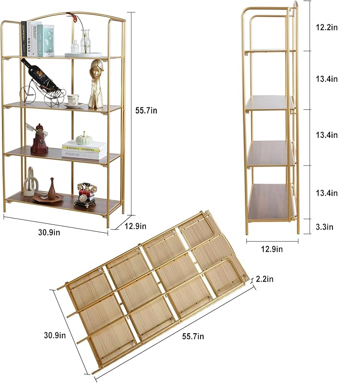 Crofy No Assembly Folding Bookshelf for Living Room, 4 Tier Gold Collapsible Book Shelf for Home Office, Portable Bookcase Storage Organizer