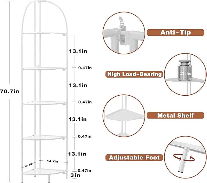 Crofy Foldable 5 Tier Corner Shelf, Metal Corner Plant Stand with White Frame and White Shelves, Corner Display Rack Multipurpose Shelving Unit for Living Room, Bedroom, Bathroom