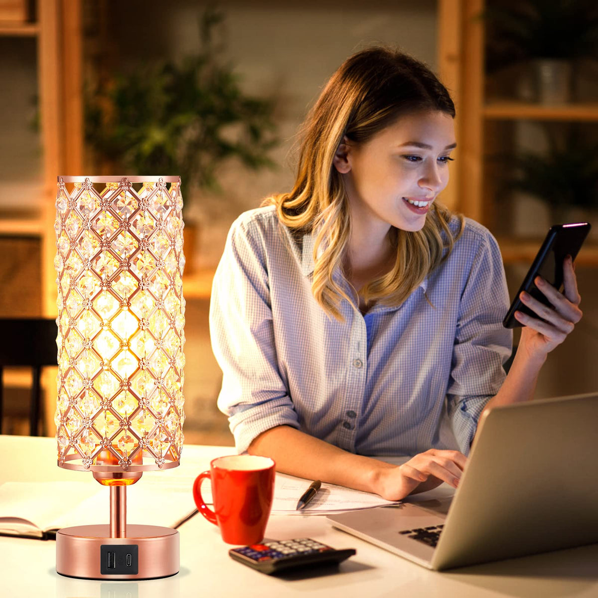 Hong-in Crystal Table Lamp - 3-Way Dimmable Touch Control, Rose Gold Bedside Lamp with USB C and A Ports, Nightstand Light for Living Room, Bedroom, Home Office (Bulb Included)
