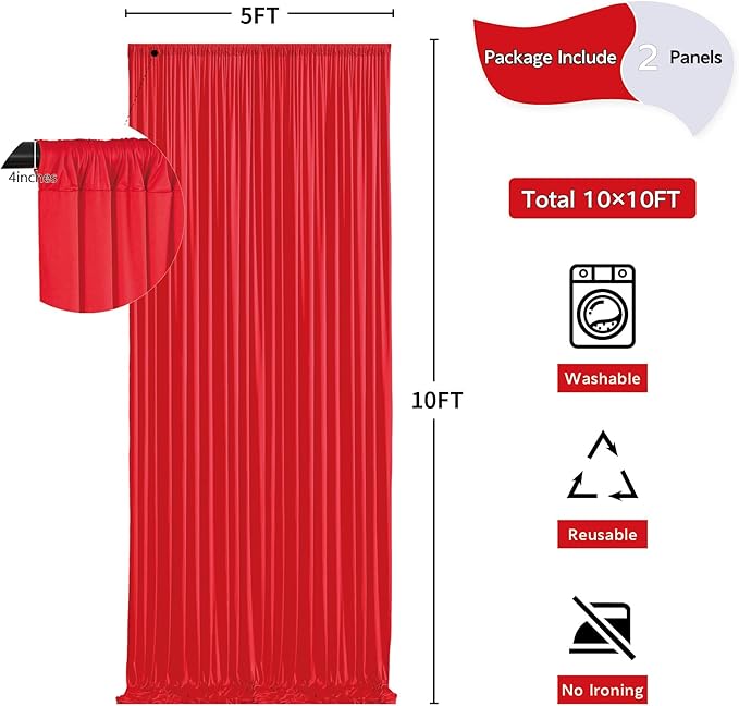 10ft x 10ft Red Backdrop Curtains for Party Wedding Wrinkle Free Red Photo Curtains Backdrop Drapes Fabric Decoration for Birthday Party Baby Shower Christmas 5ft x 10ft 2 Panels